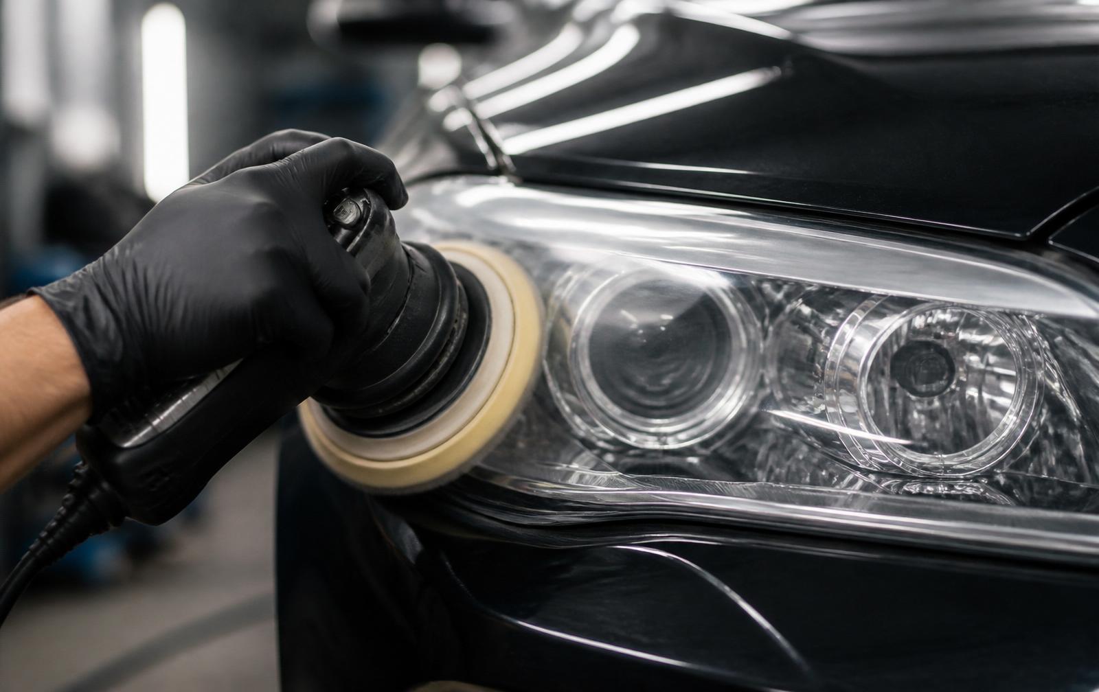 Technician polishing a headlight